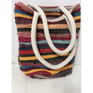 Woven Tote Beach Bucket Bag Multicolor Fabrics, Shoulder Handles Boho Folk Art